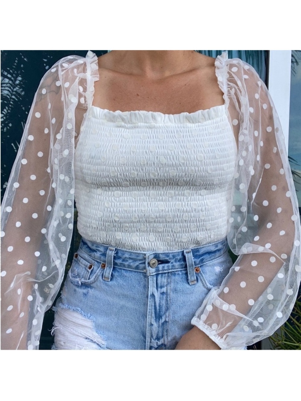 Iris White Sheer Princess Smocked Polka Dot Blouse Top M